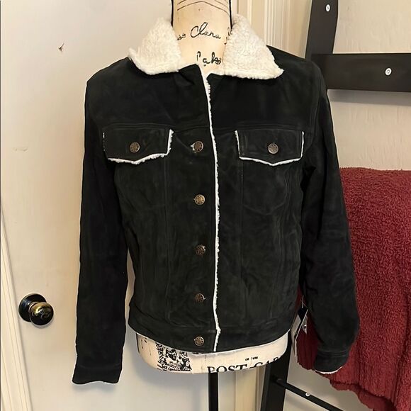 Oscar Piel Black Sherpa-Lined Genuine Suede Leather Pockets Jacket Bohemian - Picture 1 of 9